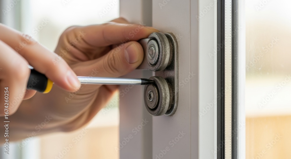 Aufkleber side angle showing adjustment of sliding door rollers with a screwdriver to ensure proper door align