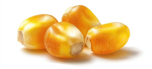 Close-up of three kernels of yellow popcorn