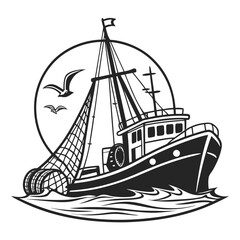 Stylized black and white illustration of a fishing trawler boat at sea with nets and seagulls