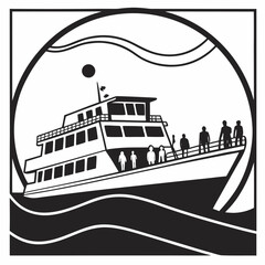 Stylized black and white illustration of a passenger ferry with people on deck sailing on wavy water under a circular frame