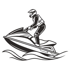Stylized black and white illustration of a person riding a jet ski on choppy water