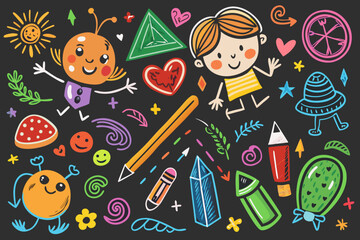 Whimsical and colorful cartoon illustrations, perfect for children's designs, creative projects, and educational materials with playful elements