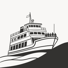 Obraz premium Stylized illustration of a passenger ferry boat with people on deck sailing on wavy water