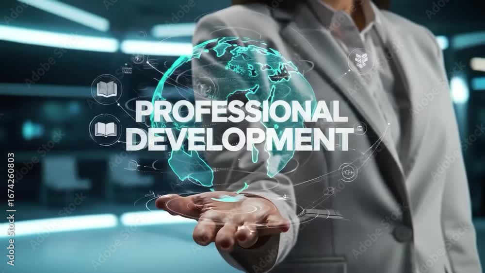 Poster interactive professional development hologram displayed above open hand in modern office