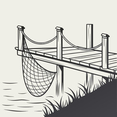 Wooden pier with ropes and fishing net hanging over calm water and grassy bank