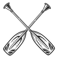 Two crossed wooden canoe paddles with decorative blades and flared handles on a white background