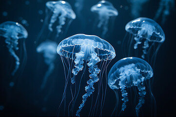 Group of bioluminescent jellyfish in dark blue water