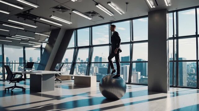 corporate executive engaging in physical exercise utilizing stability fitness ball within futuristic office environment