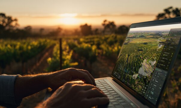 A person using a laptop in a vineyard at sunset