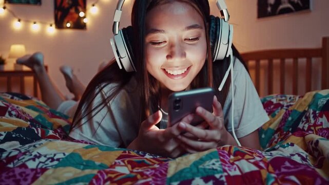 adolescent female reclining on her bed in private chamber utilizing portable electronic device with attached auditory equipment
