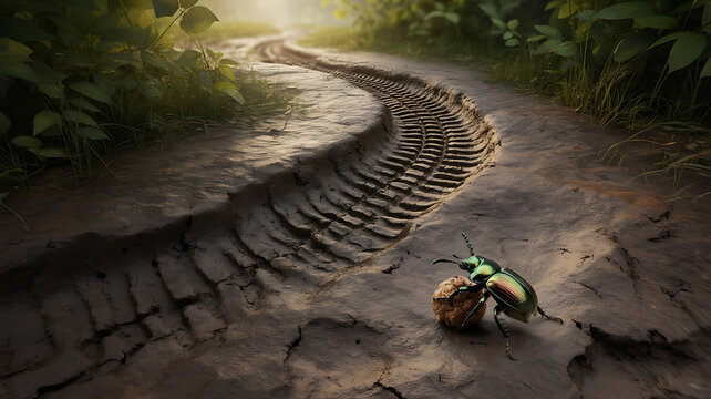 Giant dinosaur skeleton path leads small beetle towards mysterious forest light - Powered by Adobe
