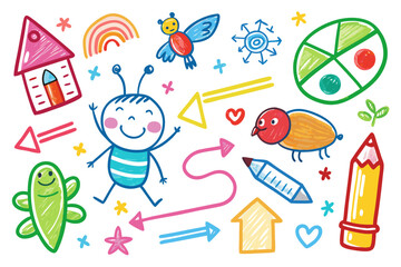 Playful hand-drawn doodles, perfect for children's designs, educational materials, and creative projects; vibrant illustrations with a cheerful, colorful aesthetic that's inspiring and fun