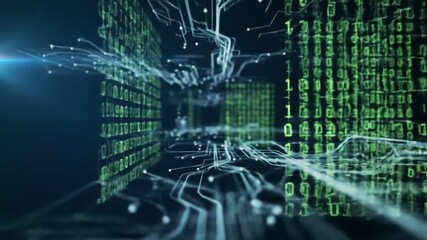 Dynamic digital network with glowing data streams and binary code creating an abstract technological futuristic concept - Powered by Adobe