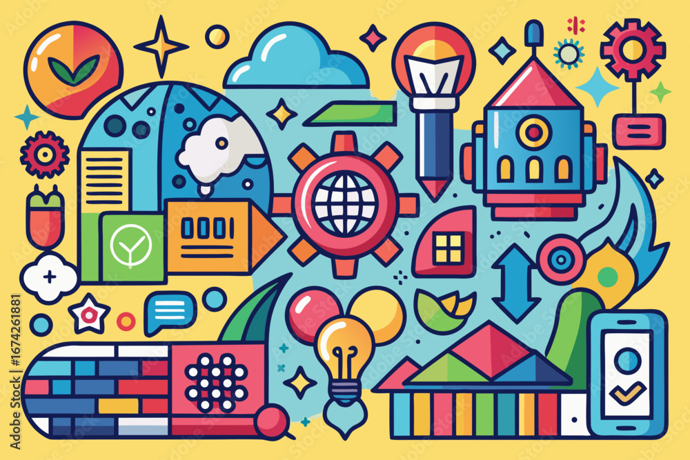 Poster creative innovation and global connection concept illustrated with colorful design elements for mode