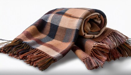a cozy plaid wool scarf with fringes folded and isolated on a transparent background