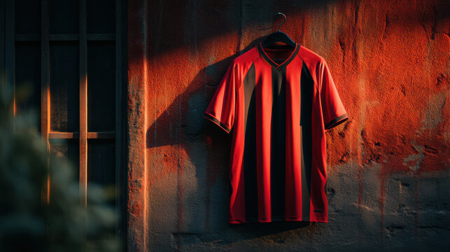 Vibrant red and black striped football jersey, high-quality sportswear for team uniforms, athletic clothing, and game day apparel with comfortable fit and stylish design