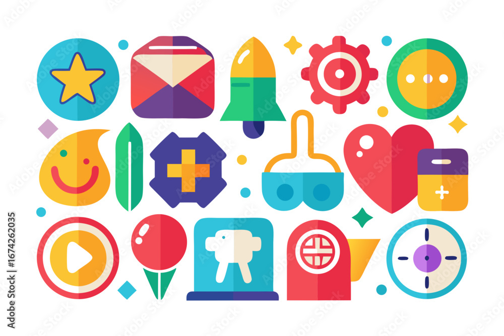 Poster Vibrant collection of colorful icons representing various concepts and symbols for design, creativity, and branding projects