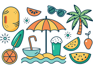 Vibrant hand-drawn summer beach vacation icons with tropical fruits and palm tree
