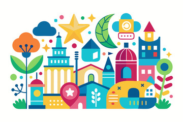 Fototapeta premium Vibrant, colorful cityscape illustration with whimsical buildings, stars, and floral elements, perfect for creative design and travel concepts