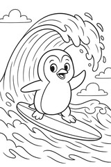 Fototapeta premium Cartoon penguin surfing on ocean wave, cute animal coloring page illustration for kids.