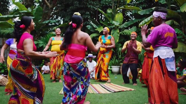 Family of Polynesian descent partaking in customary heritage activities in urban setting, highlighting native traditions