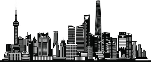 Obraz premium Flat vector illustration of Shanghai skyline, modern Chinese cityscape, famous buildings, Oriental Pearl Tower, black silhouette, urban architecture art.
