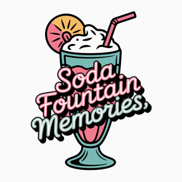 Retro Milkshake Glass with Soda Fountain Memories Text