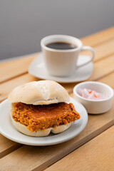 Peruvian Tamal Sandwich with Zarza Criolla and Coffee – Traditional Authentic Breakfast Photography