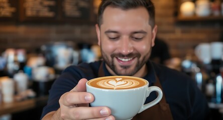 Smiling Barista Proudly Presents a Beautiful Latte with Heart Art in a Warm Coffee Shop