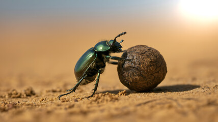 Dung beetle pushing a ball of feces across a sandy desert landscape