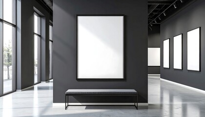 Fototapeta premium Interior view of an art gallery with blank white frames on a dark wall, bench, and large windows.