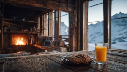 Rustic mountain chalet breakfast scene