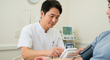 Asian doctor measuring a patient's blood pressure