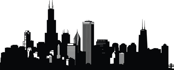 Obraz premium Flat vector illustration of Chicago skyline, Willis Tower, skyscrapers silhouette, urban cityscape, modern architecture, famous landmark, travel destination, city skyline vector art.