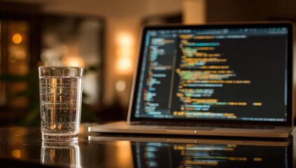 Laptop with code and a glass of water