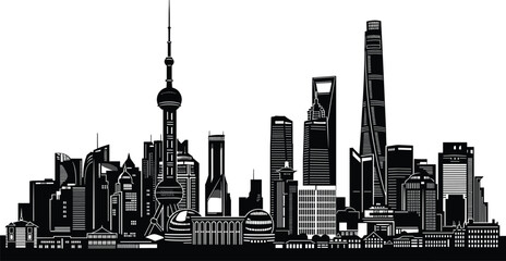 Flat vector illustration of Dubai skyline with iconic skyscrapers, Burj Khalifa, modern architecture, palm trees, cityscape, urban skyline design.