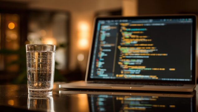Laptop with code and a glass of water
