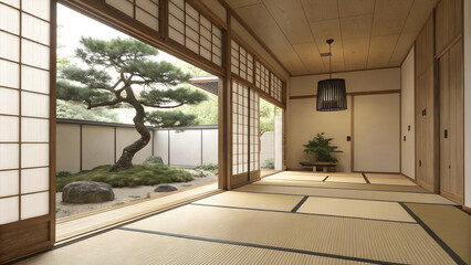 Fototapeta premium Serene japanese zen garden view from a traditional tatami room with shoji screens and bonsai tree
