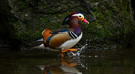 Mandarin Duck Stepping into Water, Harsh Flash