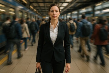 Fototapeta premium Urban commuter navigating busy metropolitan subway platform during evening rush hour