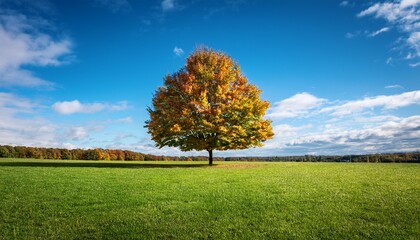 Fototapeta premium single tree in symmetrical composition on grassy field with summer to gold foliage transition autumn