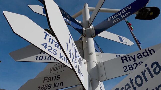 Directional signpost displaying global city distances under a bright sky