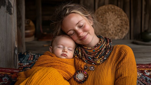 peaceful mother and baby bonding in cozy rustic setting with warm colors and cultural accessories
