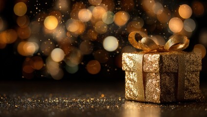 Golden gift box on dark background with sparkling lights