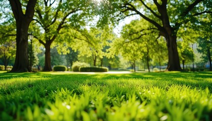 Obraz premium Sunlight filters through canopy as lush, green grass invites relaxation in an outdoor setting.