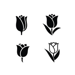 Set of four stylized black tulip flower icons on a white background, elegant floral design elements for various applications