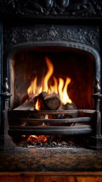 Cozy Victorian Fireplace with Burning Logs