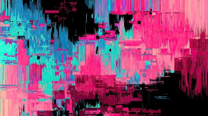 Abstract digital art with vibrant, pixelated blocks of color.  Distorted brushstrokes and glitch effects create a dynamic composition