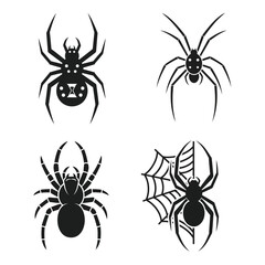 Set of four black spider icons for Halloween decor. Vector illustrations of scary arachnids, including a black widow and a spider on a web, isolated on white