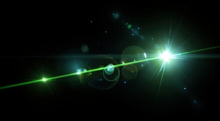 Abstract digital image of bright green light flares and lens effects on black background
